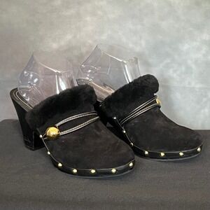 Coach Ivanka Black Suede Fur Trim Studded Block Heel Clogs Mules Women's Size 9
